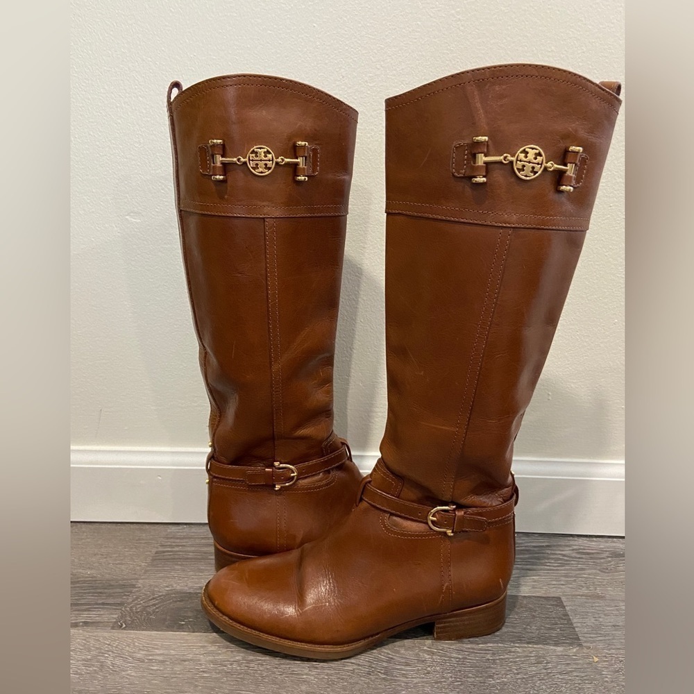 Tory Burch Nadine Tall Brown Leather Gold Accents Riding Boots Sz 8.5